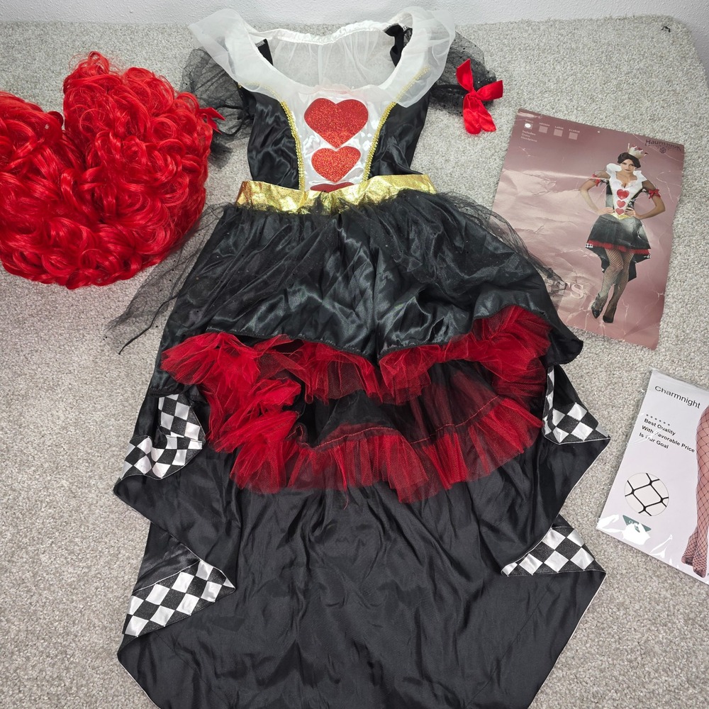 Hauntlook Queen of Hearts Costume Women Small Dress Red Heart Wig Fishnets Set